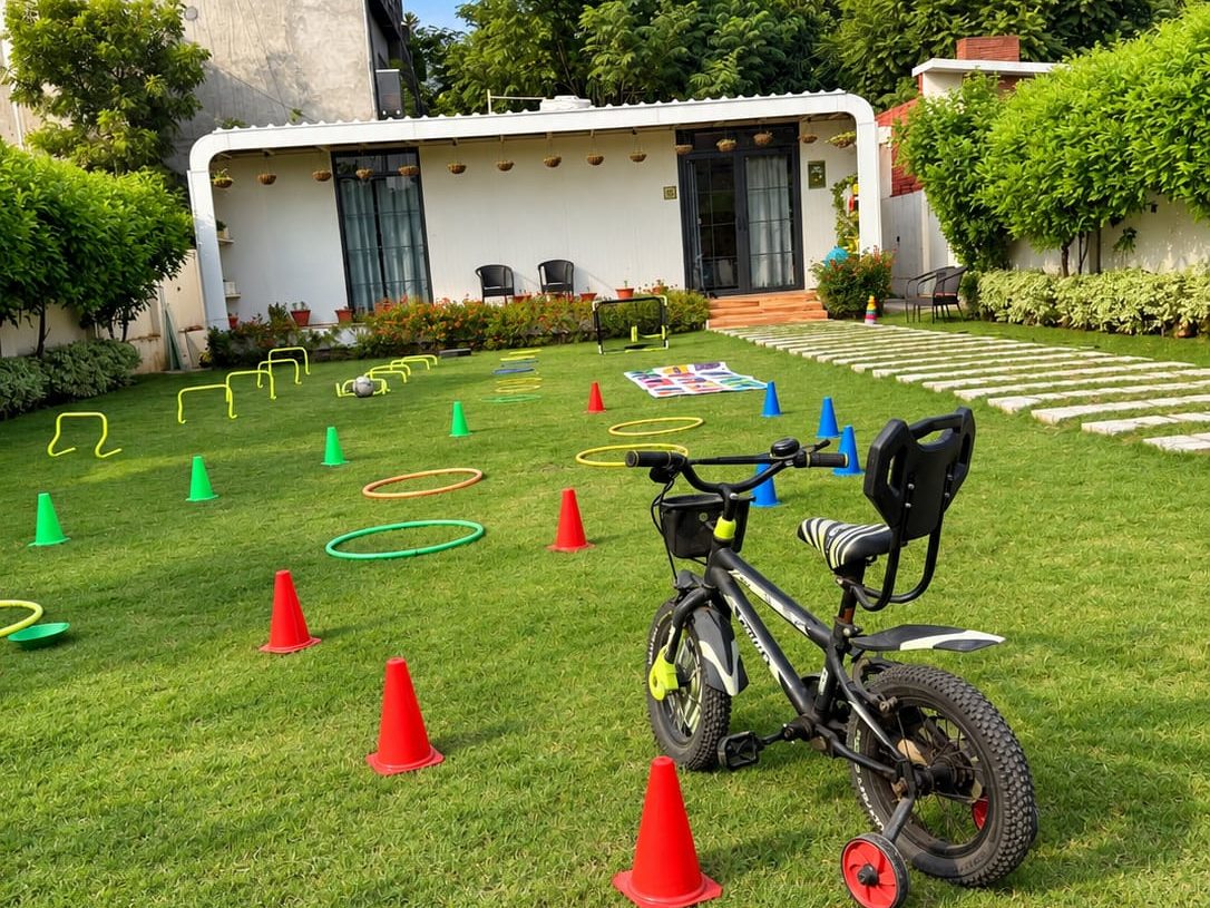 The garden at Alpha Kids Club, Ludhiana, set out with cones, hoops and hurdles for children's activities